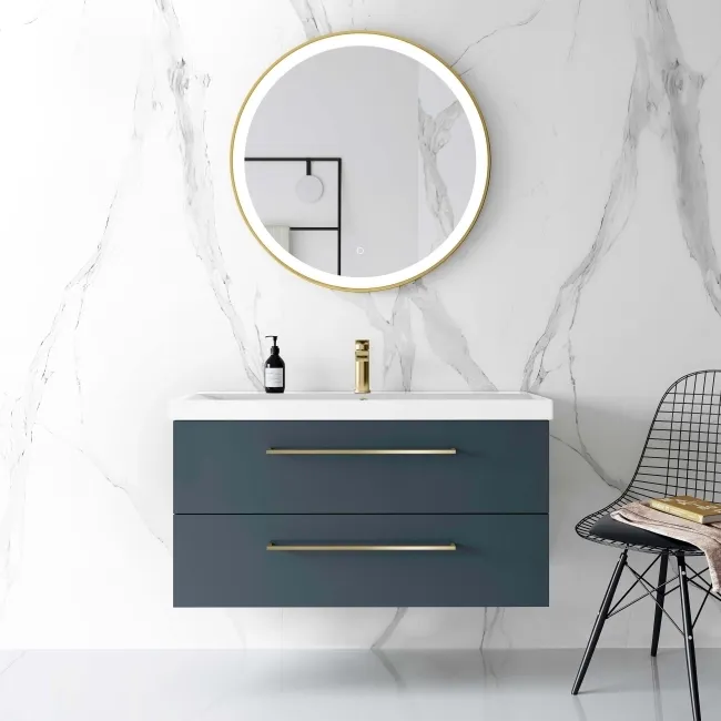 Elba Inky Blue Wall Hung Basin Drawer Vanity 1000mm - Brushed Brass Accents