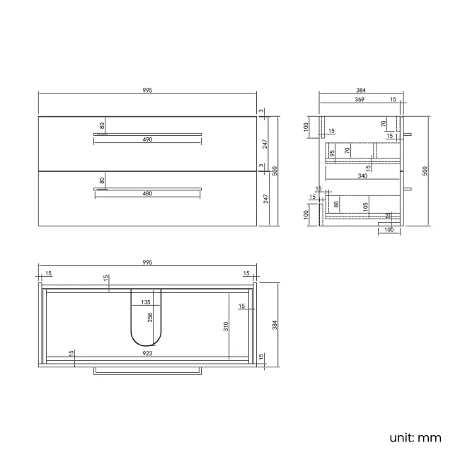 Elba Charcoal Elm Wall Hung Drawer Vanity with Marble Top & Curved Counter Top Basin 1000mm - Black Accents