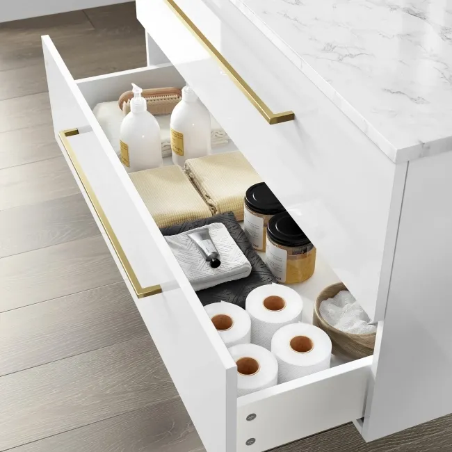 Elba Gloss White Wall Hung Drawer Vanity with Marble Top & Curved Counter Top Basin 1000mm - Brushed Brass Accents