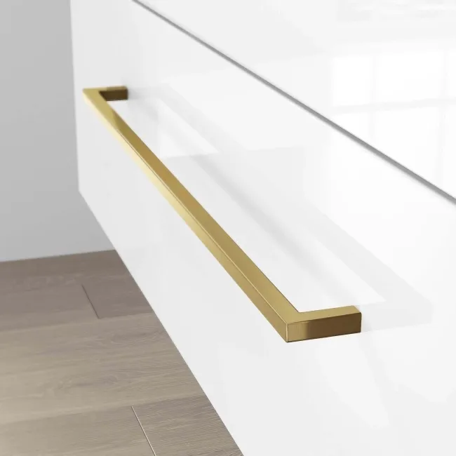 Elba Gloss White Wall Hung Drawer Vanity with Marble Top & Curved Counter Top Basin 1000mm - Brushed Brass Accents