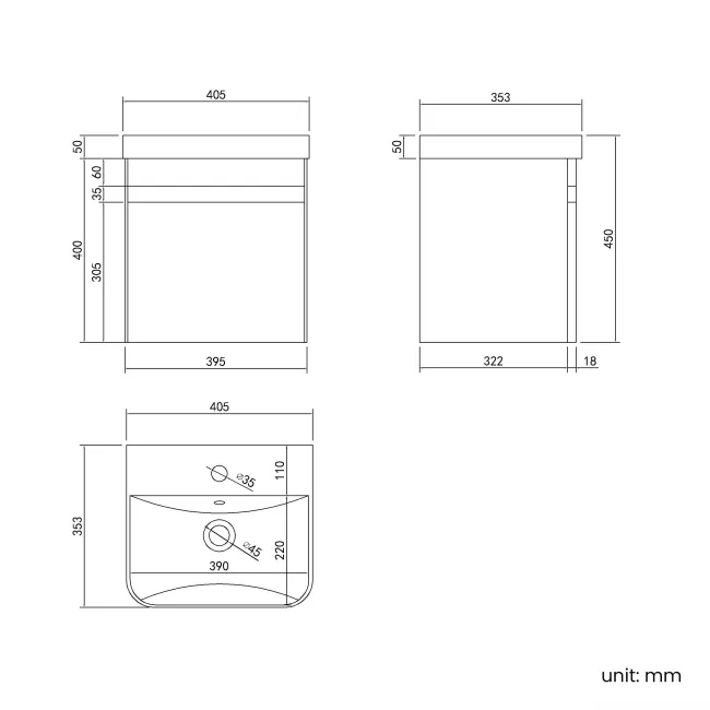 Corsica Tungsten Grey Wall Hung Slimline Basin Vanity 400mm