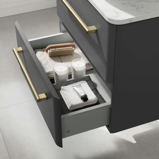 Omaha Slate Grey Wall Hung Drawer Vanity with Marble Top & Marin Basin 600mm - Brushed Brass Accents