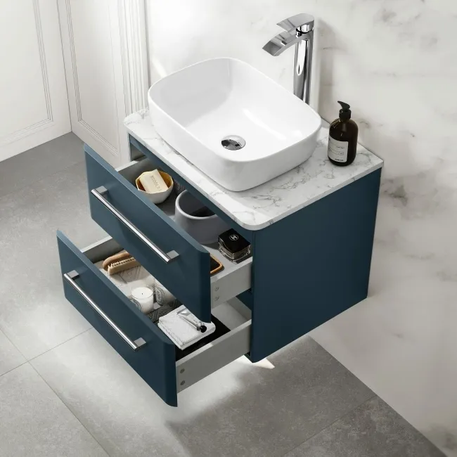 Omaha Navy Blue Wall Hung Drawer Vanity with Marble Top & Curved Counter Top Basin 600mm