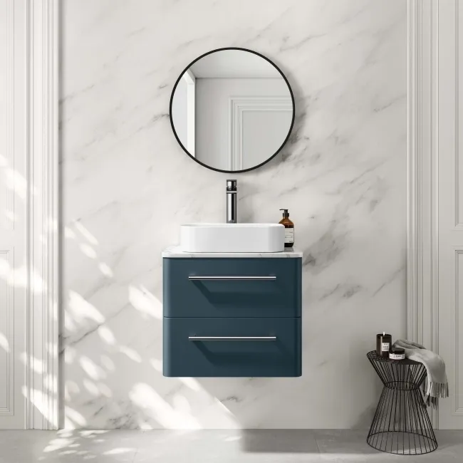 Omaha Navy Blue Wall Hung Drawer Vanity with Marble Top & Marin Basin 600mm