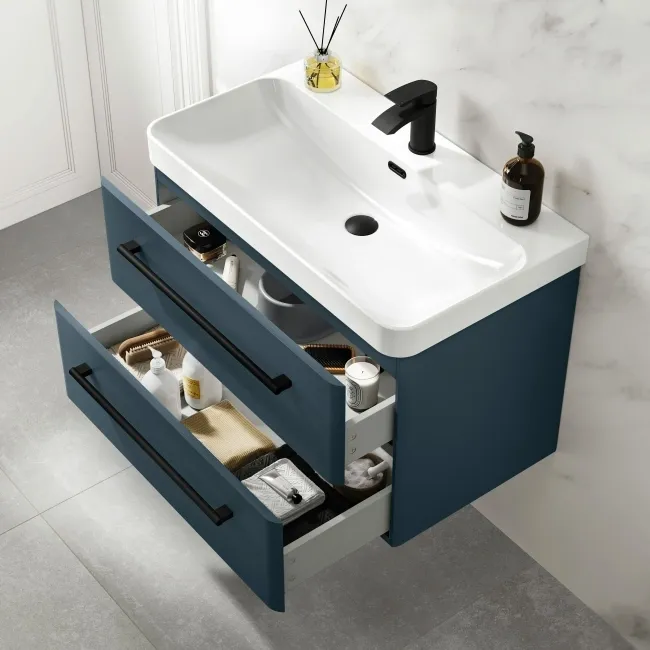 Omaha Navy Blue Wall Hung Basin Drawer Vanity 800mm - Black Accents