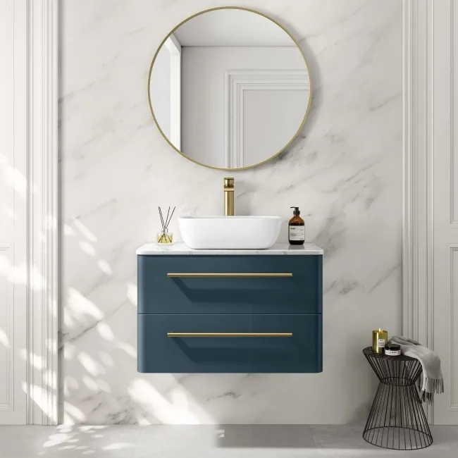 Omaha Navy Blue Wall Hung Drawer Vanity with Marble Top & Curved Counter Top Basin 800mm - Brushed Brass Accents