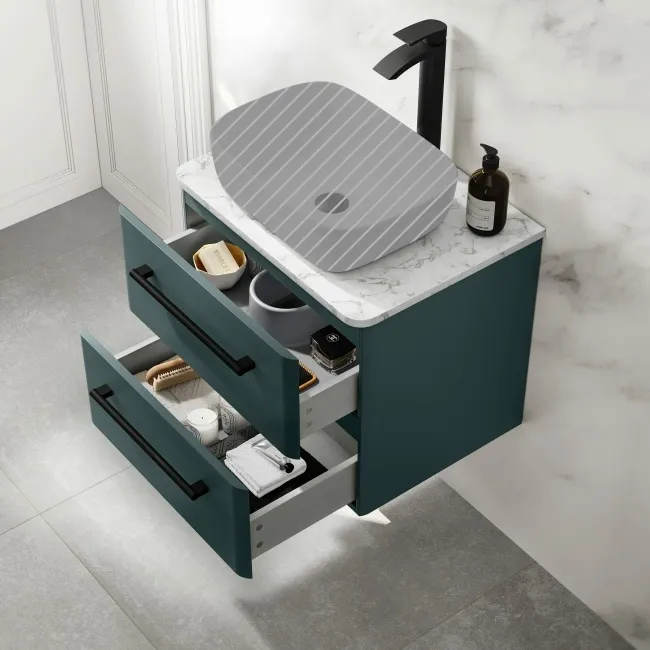 Omaha Mystic Green Wall Hung Drawer Vanity with Marble Top 600mm (Excludes Counter Top Basin) - Black Accents