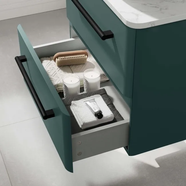 Omaha Mystic Green Wall Hung Drawer Vanity with Marble Top & Curved Counter Top Basin 600mm - Black Accents