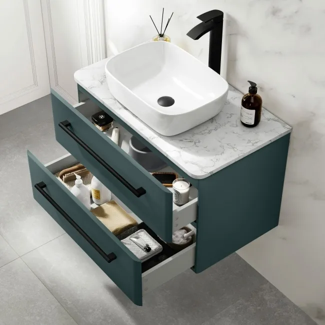 Omaha Mystic Green Wall Hung Drawer Vanity with Marble Top & Curved Counter Top Basin 800mm - Black Accents
