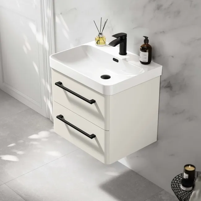 Omaha Linen White Wall Hung Basin Drawer Vanity 600mm - Black Accents