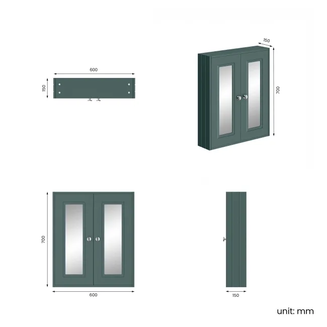 Midnight Green Wall Hung Mirror Cabinet 700x600mm