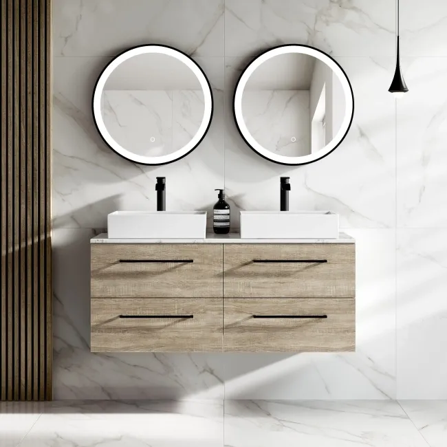 Elba Dawn Oak Double Wall Hung Drawer Vanity with Marble Top & Cody Basin 1200mm - Black Accents
