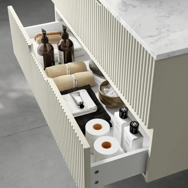 Crete Fluted Linen White Wall Hung Drawer Vanity with Marble Top & Curved Basin 1000mm