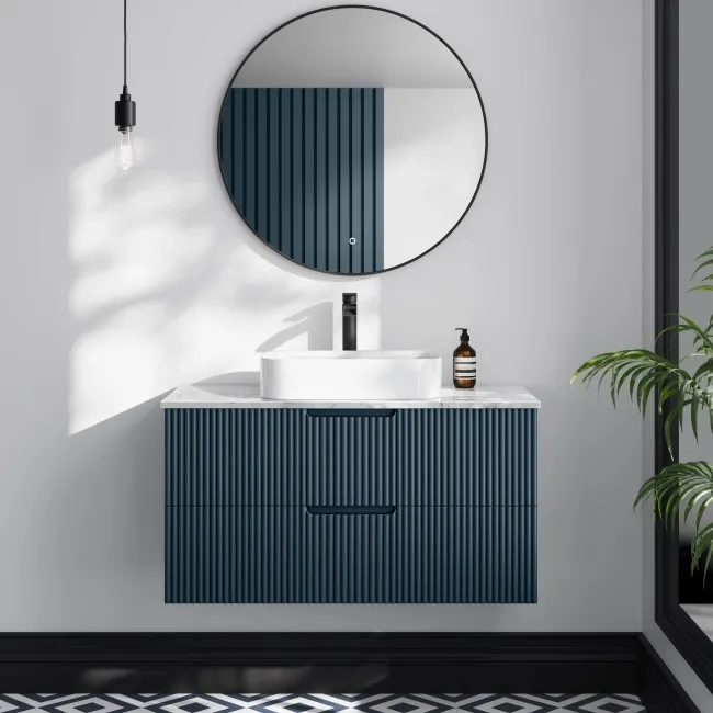 Crete Fluted Navy Blue Wall Hung Drawer Vanity with Marble Top & Marin Basin 1000mm