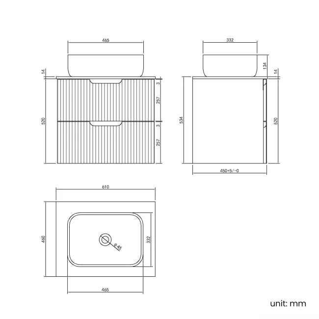 Crete Fluted Apex Oak Wall Hung Drawer Vanity with Marble Top & Curved Basin 600mm