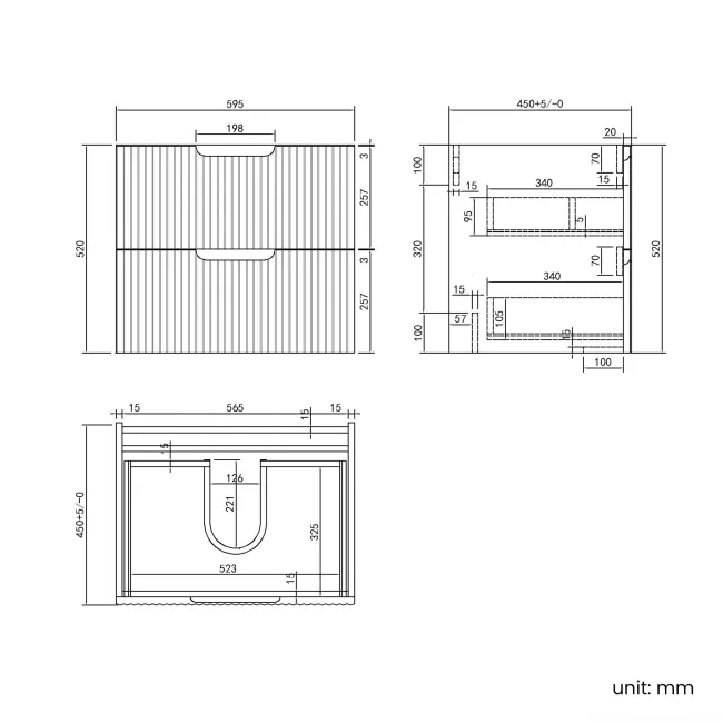 Crete Fluted Apex Oak Wall Hung Drawer Vanity with Marble Top & Curved Basin 600mm