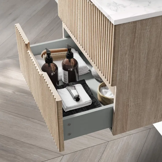 Crete Fluted Apex Oak Wall Hung Drawer Vanity with Marble Top & Marin Basin 600mm