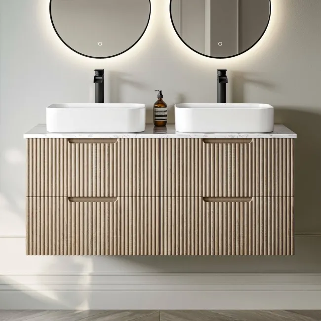 Crete Fluted Apex Oak Double Wall Hung Drawer Vanity with Marble Top & Marin Basin 1200mm