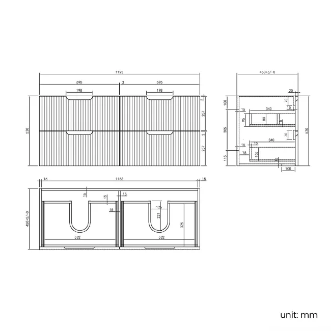Crete Fluted Apex Oak Double Wall Hung Drawer Vanity with Marble Top & Marin Basin 1200mm