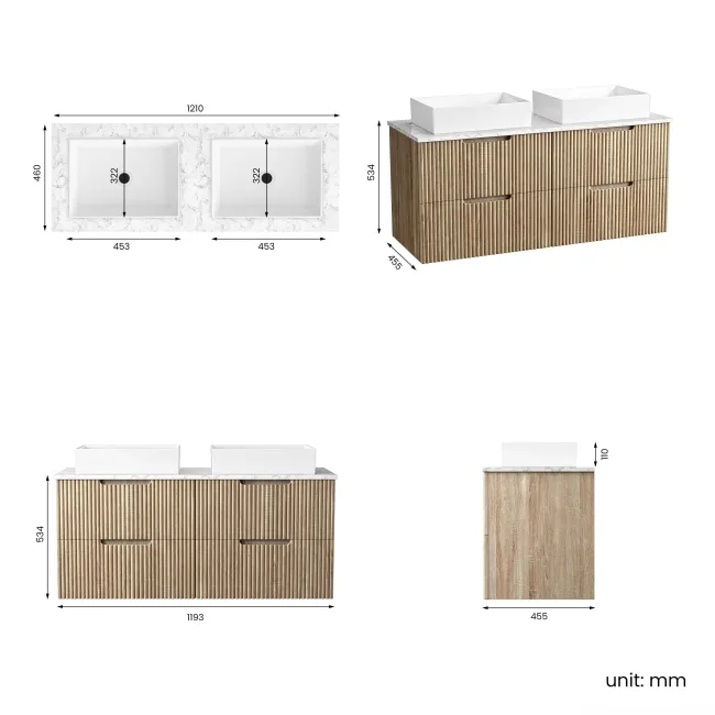 Crete Fluted Apex Oak Double Wall Hung Drawer Vanity with Marble Top & Cody Basin 1200mm