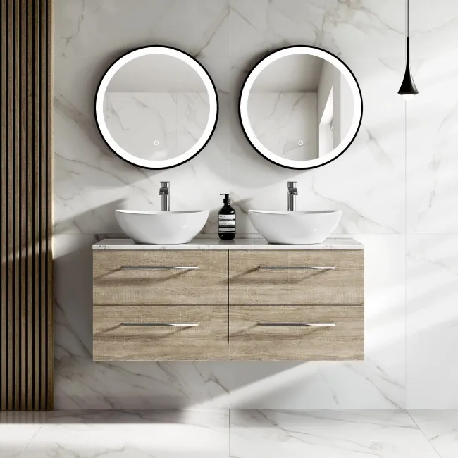 Elba Dawn Oak Double Wall Hung Drawer Vanity with Marble Top & Oval Basin 1200mm