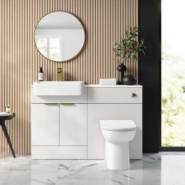 Sicily Fluted Coastal White Vanity with Semi Recessed Basin 600mm - Brushed Brass Accents