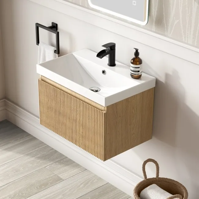 Malta Fluted Country Oak Wall Hung Basin Drawer Vanity 600mm