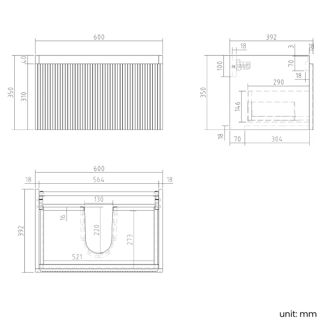 Malta Fluted Country Oak Wall Hung Drawer Vanity with Marble Top & Nevis Basin 600mm