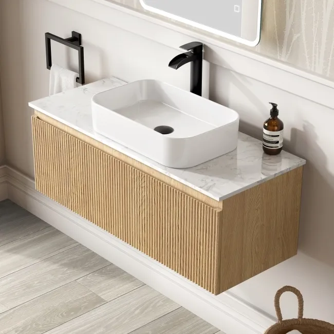 Malta Fluted Country Oak Wall Hung Drawer Vanity with Marble Top & Marin Basin 1000mm