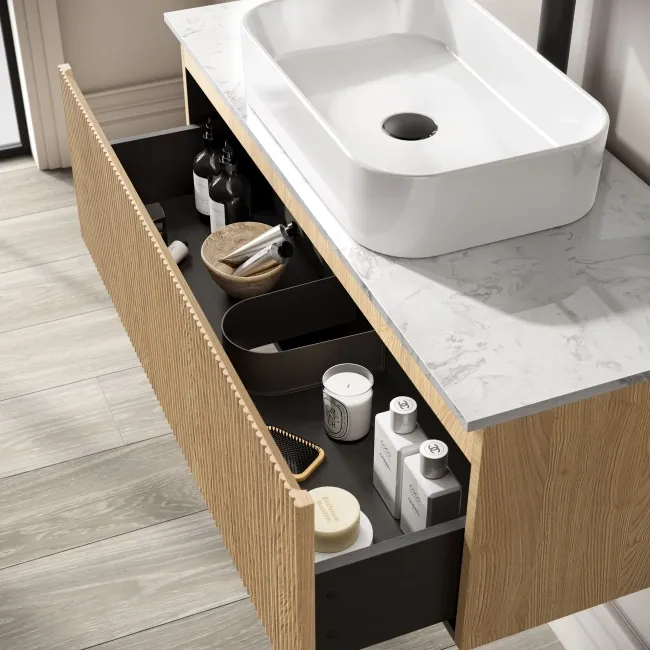 Malta Fluted Country Oak Wall Hung Drawer Vanity with Marble Top & Marin Basin 1000mm