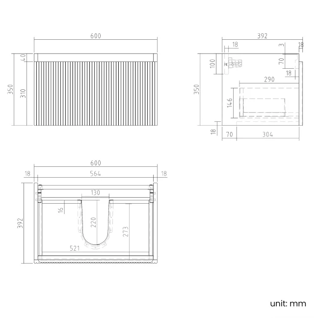 Malta Fluted Black Walnut Wall Hung Basin Drawer Vanity 600mm