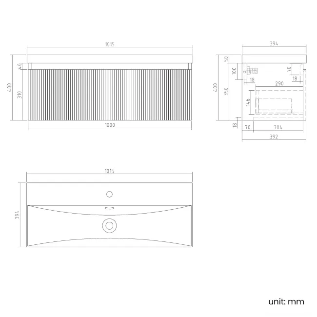 Malta Fluted Matt Black Wall Hung Basin Drawer Vanity 1000mm