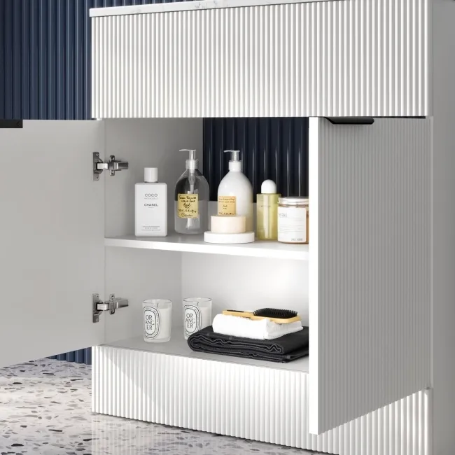 Havana Fluted Coastal White Cabinet with Marble Top 800mm (Excludes Counter Top Basin) - Black Accents