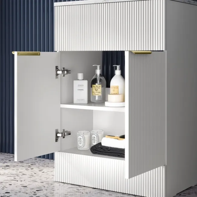 Havana Fluted Coastal White Cabinet with Marble Top 600mm (Excludes Counter Top Basin) - Brushed Brass Accents