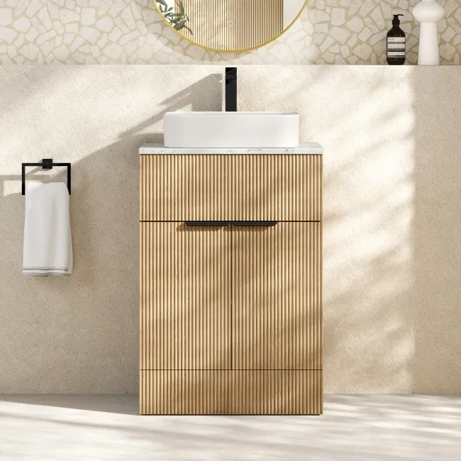 Havana Fluted Country Oak Cabinet with Marble Top & Marin Basin 600mm - Black Accents