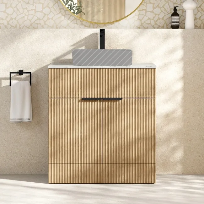 Havana Fluted Country Oak Cabinet with Marble Top 800mm (Excludes Counter Top Basin) - Black Accents