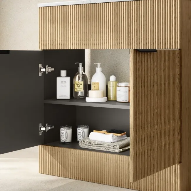 Havana Fluted Country Oak Cabinet with Marble Top 800mm (Excludes Counter Top Basin) - Black Accents