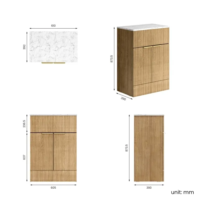 Havana Fluted Country Oak Cabinet with Marble Top 600mm (Excludes Counter Top Basin) - Brushed Brass Accents
