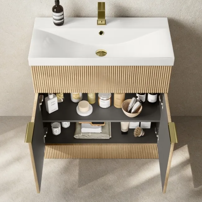 Havana Fluted Country Oak Basin Vanity 800mm - Brushed Brass Accents