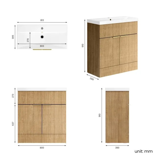 Havana Fluted Country Oak Basin Vanity 800mm - Brushed Brass Accents