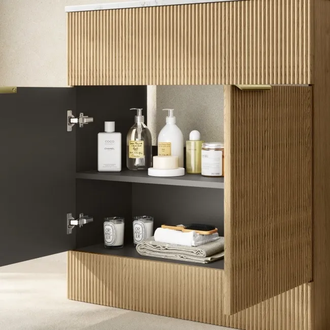 Havana Fluted Country Oak Cabinet with Marble Top & Nevis Basin 800mm - Brushed Brass Accents