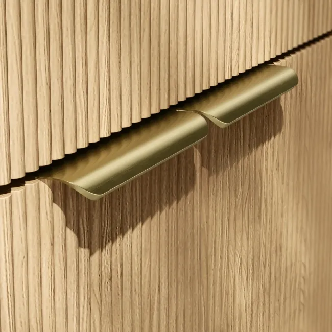 Havana Fluted Country Oak Cabinet with Marble Top & Reno Basin 800mm - Brushed Brass Accents