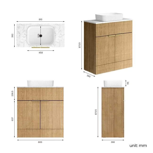 Havana Fluted Country Oak Cabinet with Marble Top & Reno Basin 800mm - Brushed Brass Accents