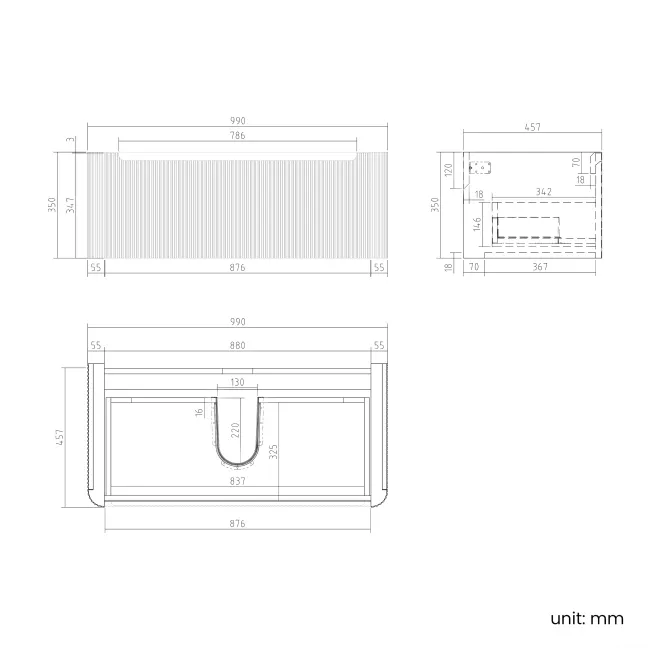 Sorrento Fluted Coastal White Wall Hung Drawer Vanity with Marble Top 1000mm - Excludes Counter Top Basin