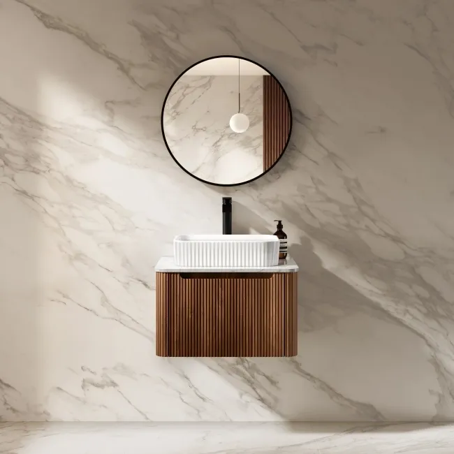 Sorrento Fluted Black Walnut Wall Hung Drawer Vanity with Marble Top & Reno Basin 600mm