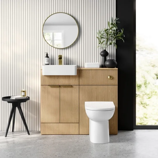 Sicily Fluted Country Oak Vanity with Semi Recessed Basin 500mm - Brushed Brass Accents