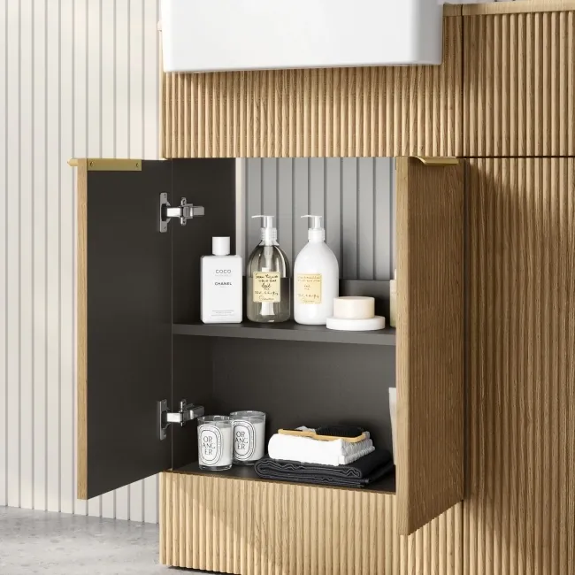 Sicily Fluted Country Oak Vanity with Semi Recessed Basin 500mm - Brushed Brass Accents