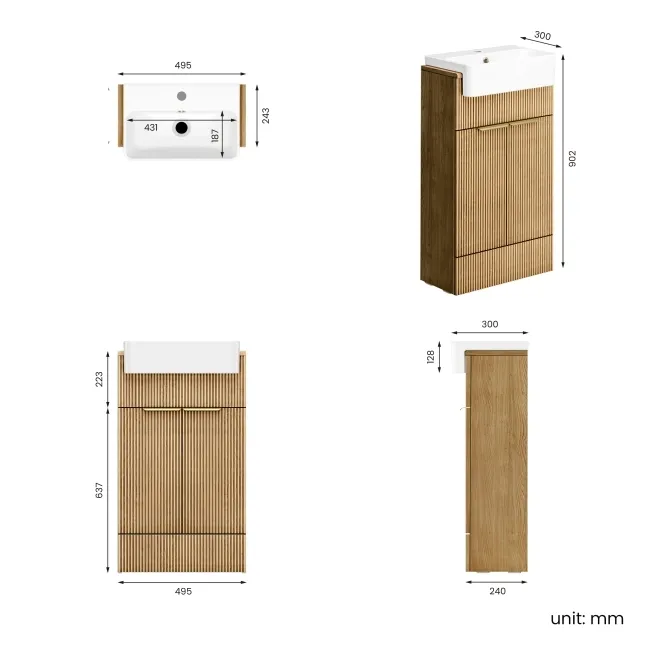 Sicily Fluted Country Oak Vanity with Semi Recessed Basin 500mm - Brushed Brass Accents
