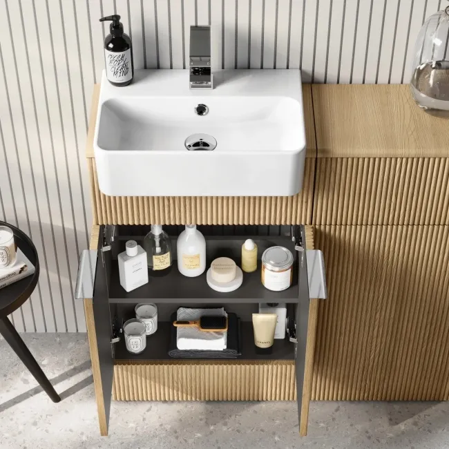 Sicily Fluted Country Oak Vanity with Semi Recessed Basin 500mm - Chrome Handles