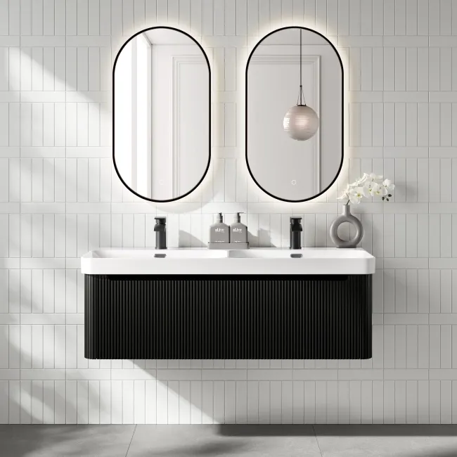 Sorrento Fluted Matt Black Wall Hung Double Basin Drawer Vanity 1200mm